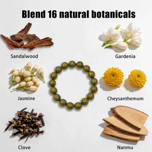 incense bead bracelet blends 16 natural herbs like sandalwood, gardenia, chrysanthemum, jasmine, cloves, and nanmu.