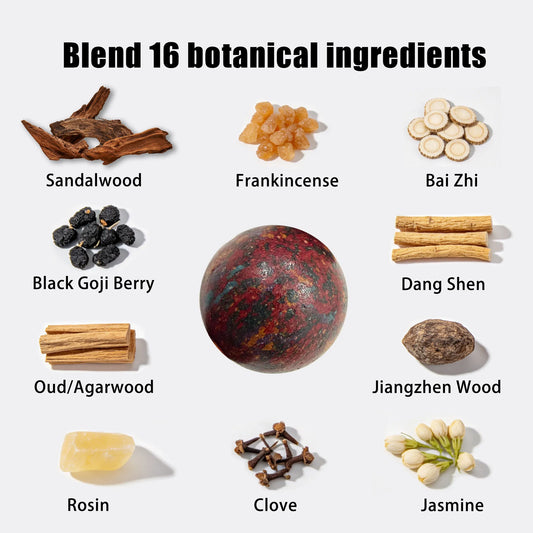 incense bead bracelet blends 16 botanicals like Sandalwood, Frankincense, Bai Zhi, Black Goji Berry, Dang Shen, Oud/Agarwood, Jiangzhen Wood, Rosin, Clove, and Jasmine.