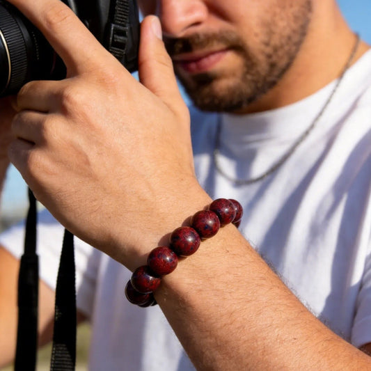man wears a Period 9 Fire Energy Incense Beads Bracelet