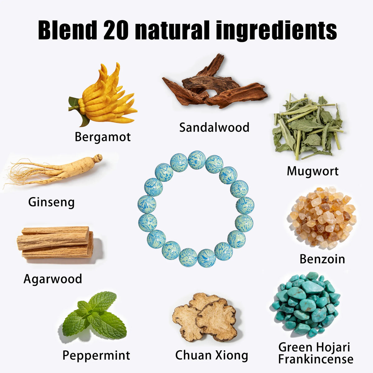 incense bead bracelet blends 20 natural ingredients like Bergamot, Sandalwood, Mugwort, Ginseng, Agarwood, Benzoin, Green Hojari Frankincense, Peppermint, and Chuan Xiong