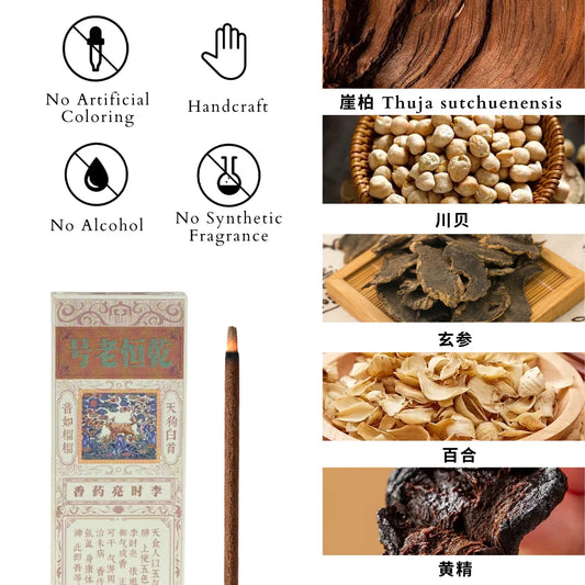 ingredients display of tian gou incense sticks