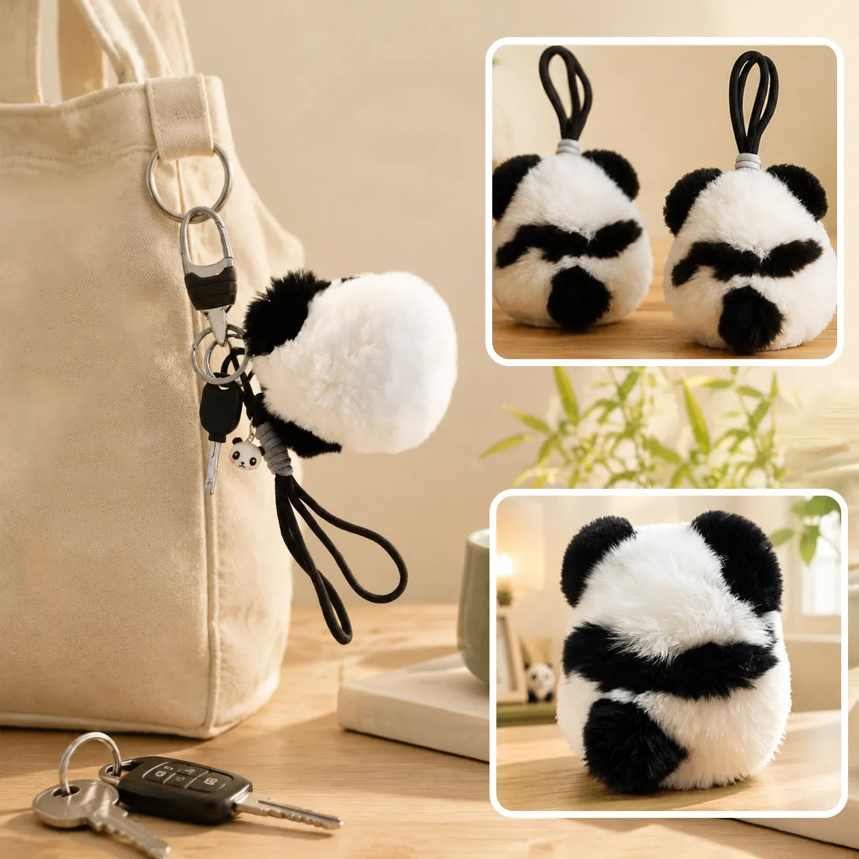 Giant Panda Plush Charm on a bag and keychain