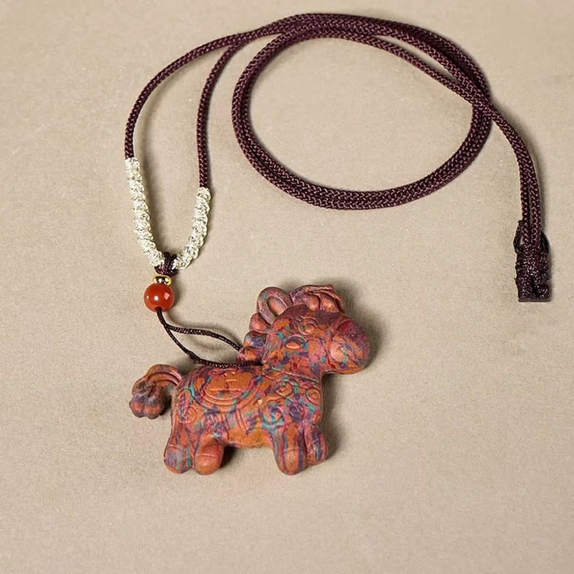 red horse aromatherapy talisman as long drop pendant necklace