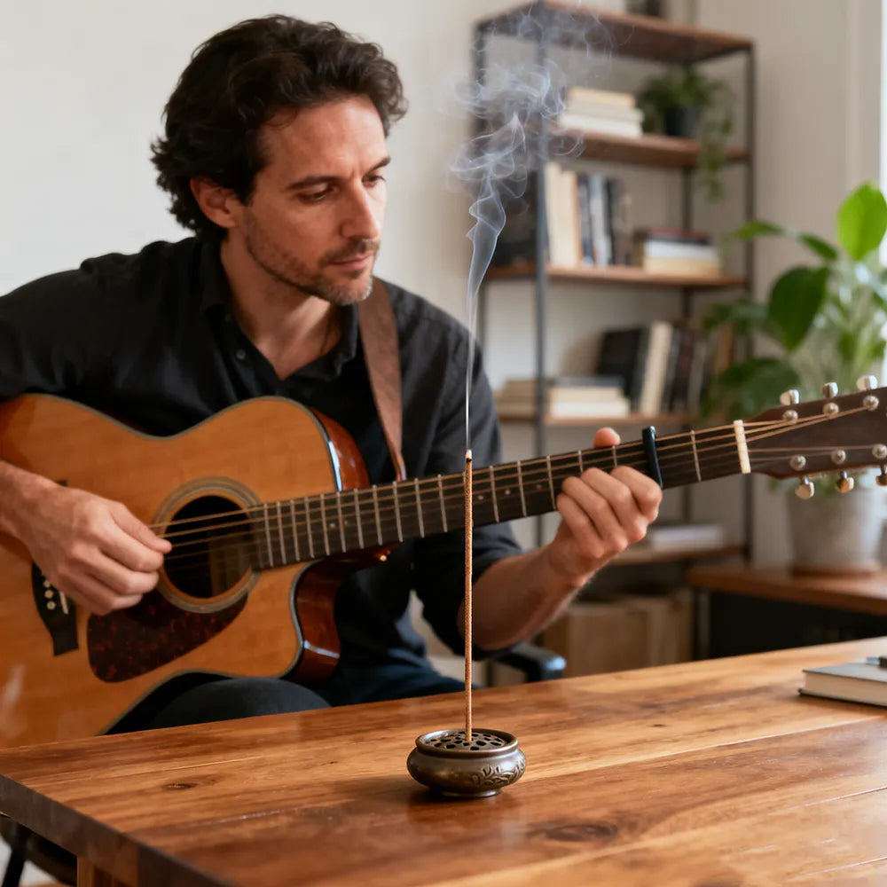 lighting a natural incense stick for playing guitar