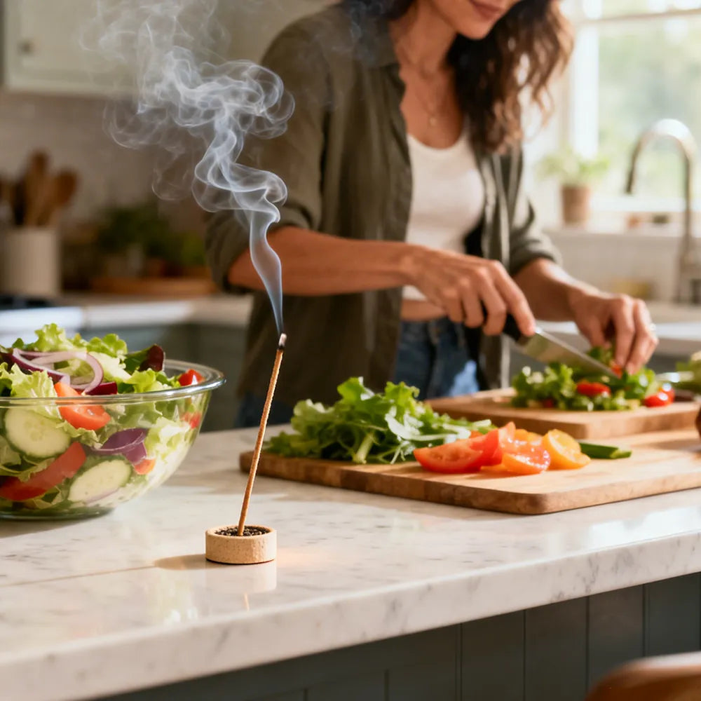 light a natural incense stick for making salad
