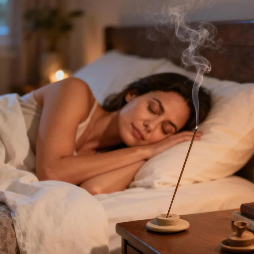 lighting a natural sandalwood incense stick for better sleep