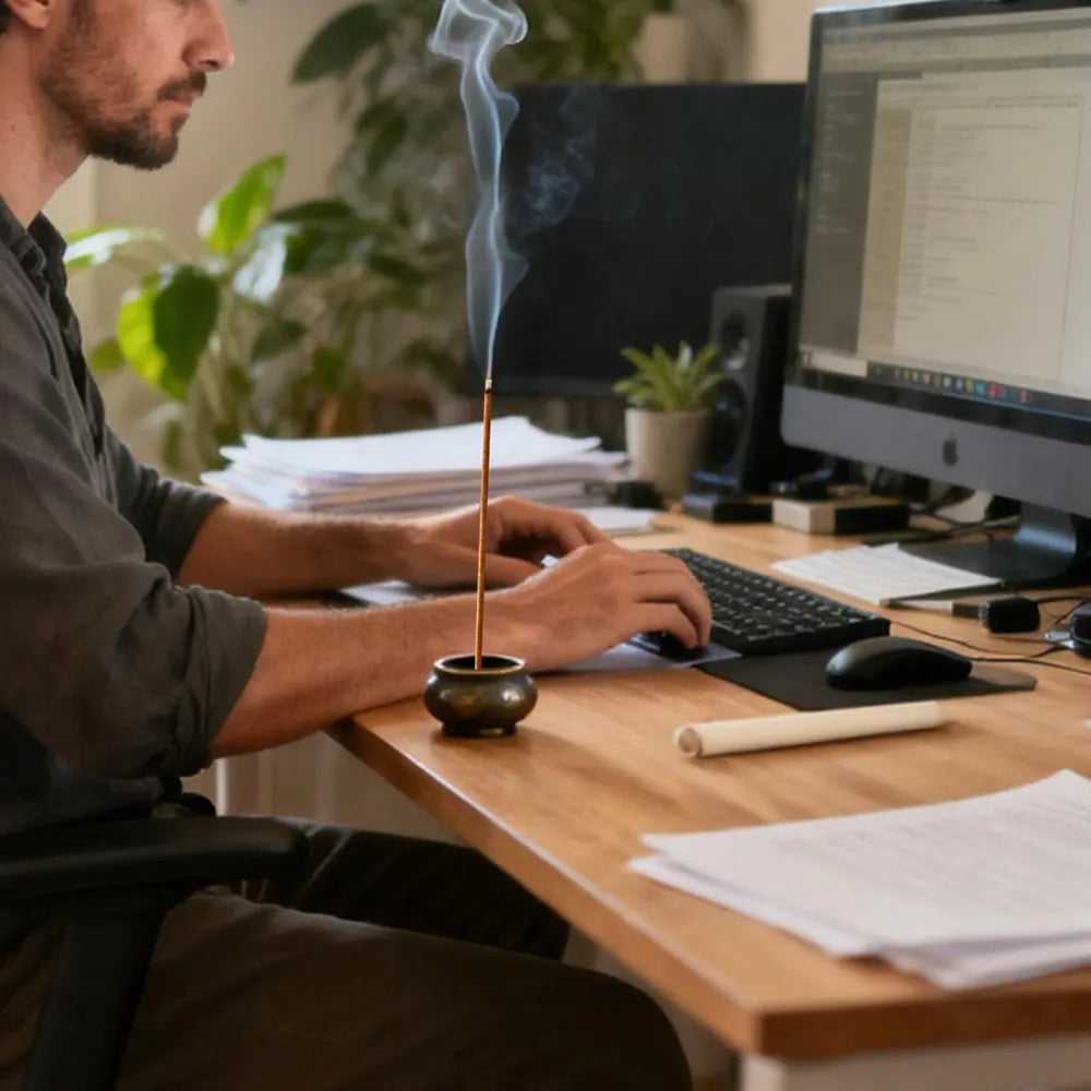 lighting a natural incense stick for workspace