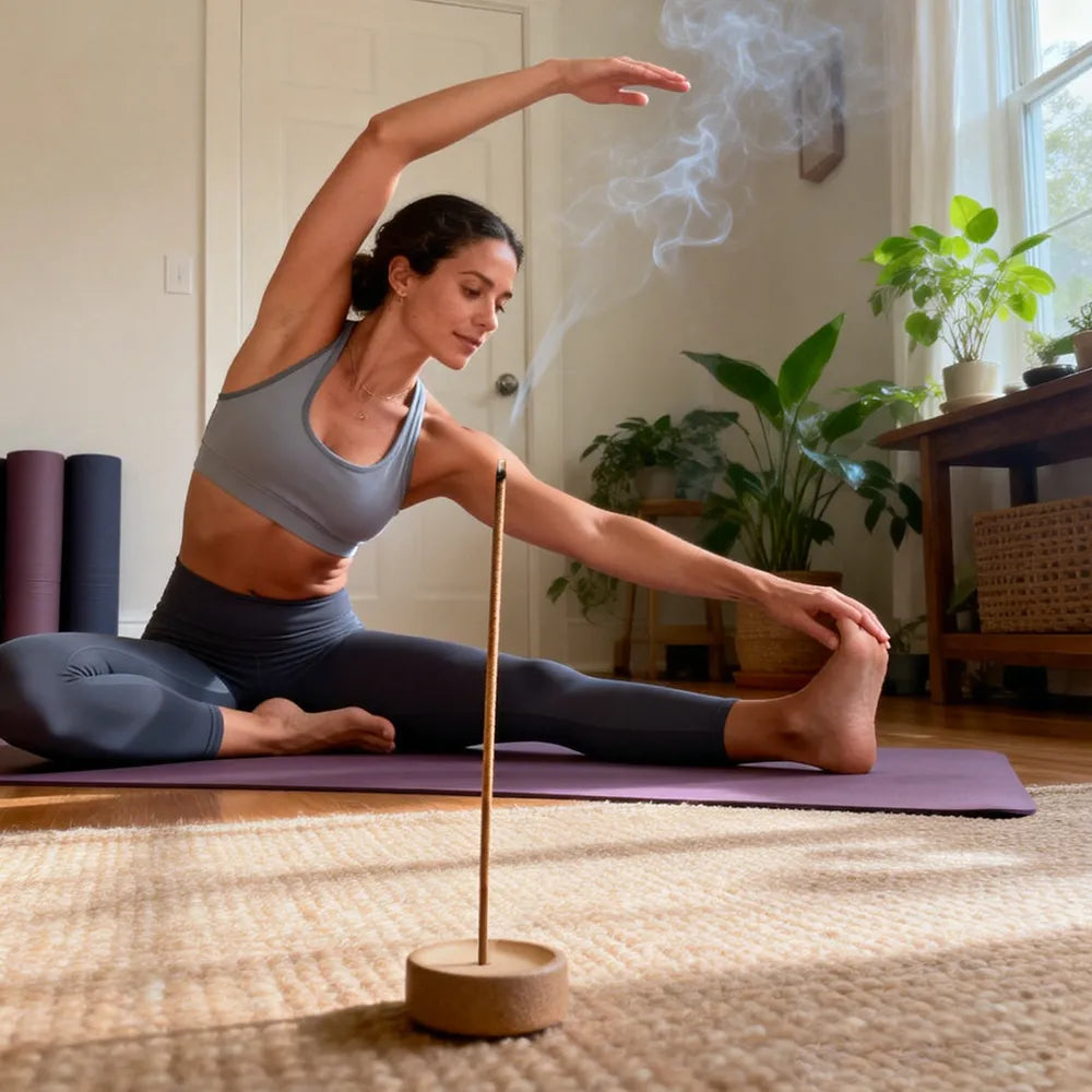 lighting a natural incense stick for yoga