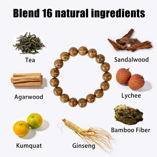 A beaded bracelet made of natural herbs, such as tea, sandalwood, agarwood, lychee, bamboo fiber, kumquat, and ginseng.