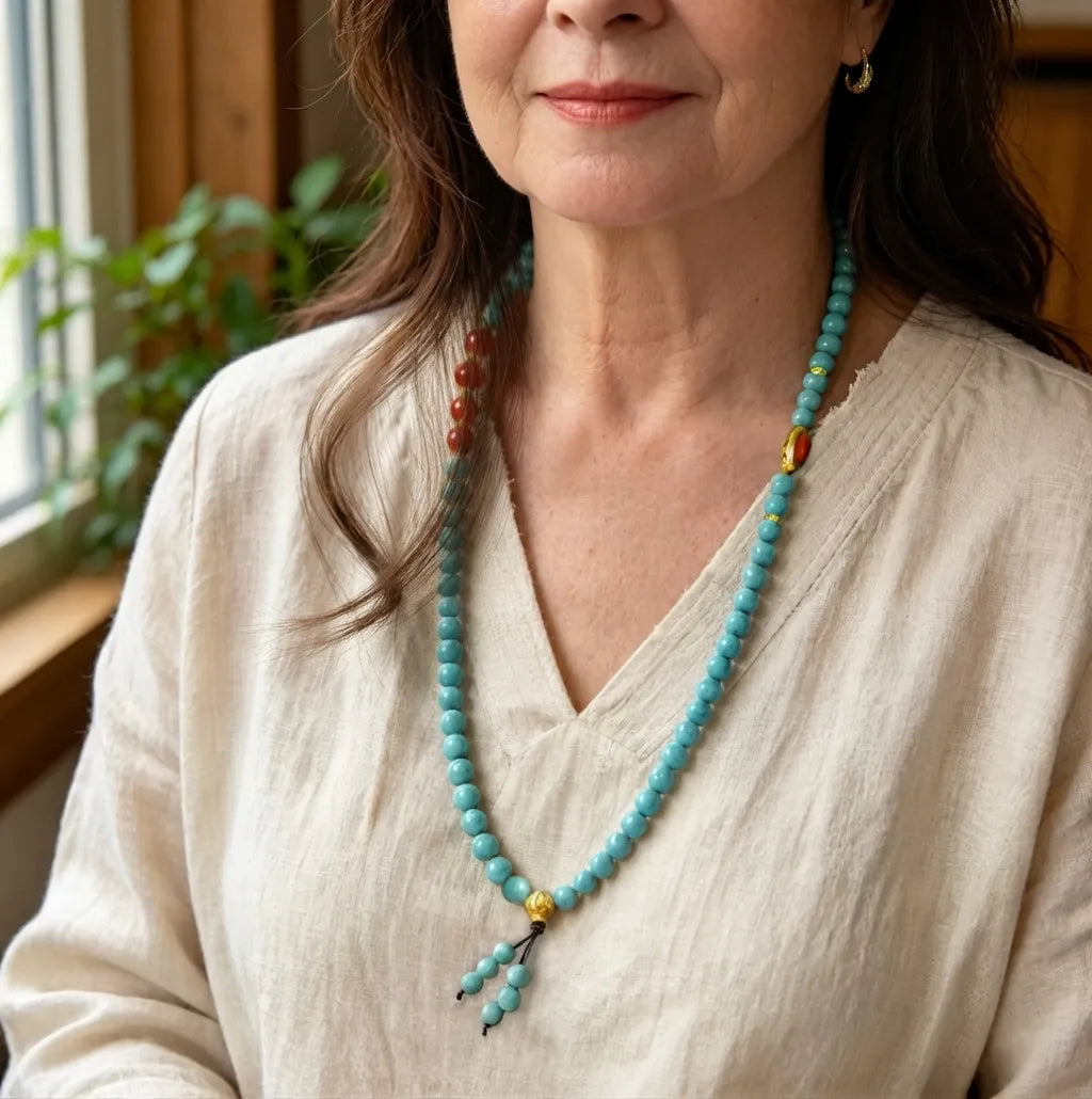 a lady wears incense beads as necklace