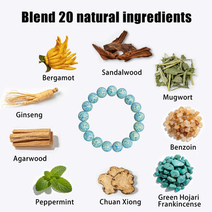 incense bead bracelet blends 20 natural ingredients like Bergamot, Sandalwood, Mugwort, Ginseng, Agarwood, Benzoin, Green Hojari Frankincense, Peppermint, and Chuan Xiong
