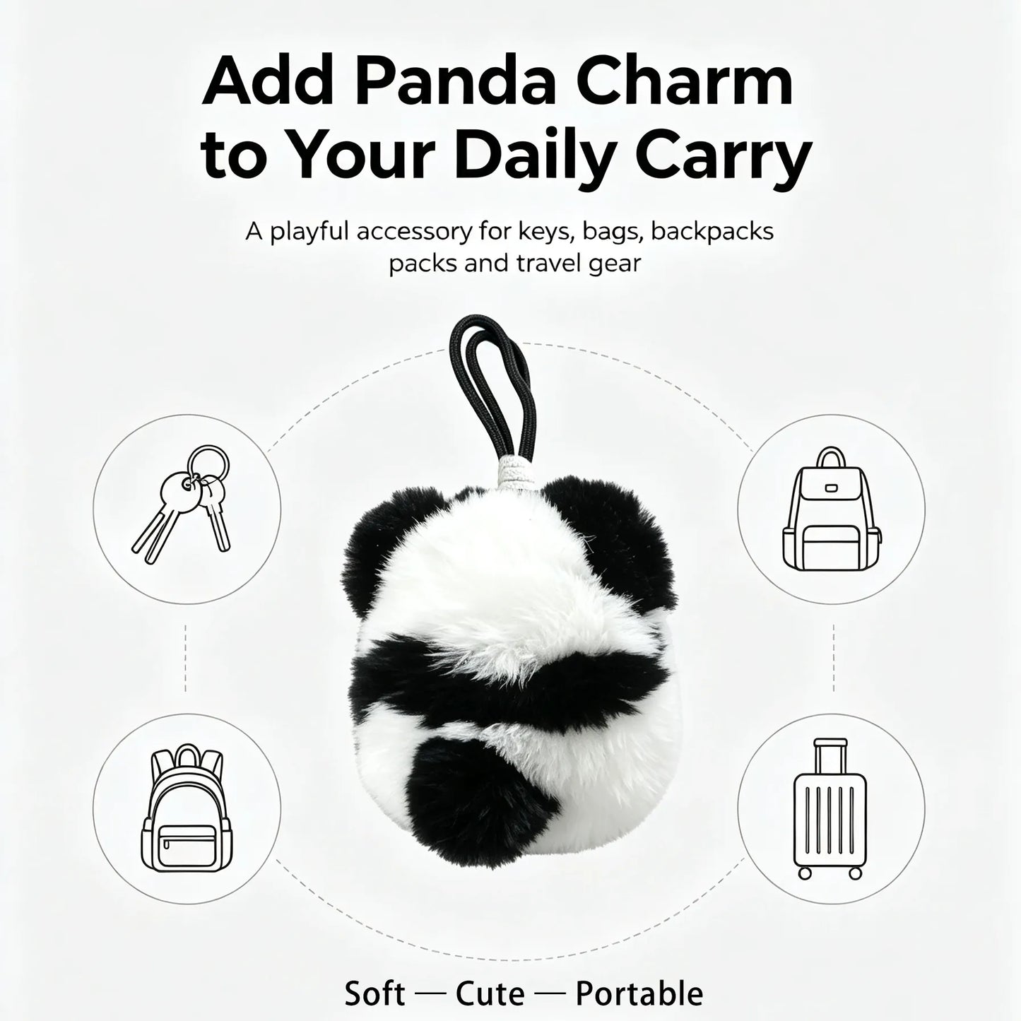 show usage of cute panda plush charm for key, car, bag and luggage