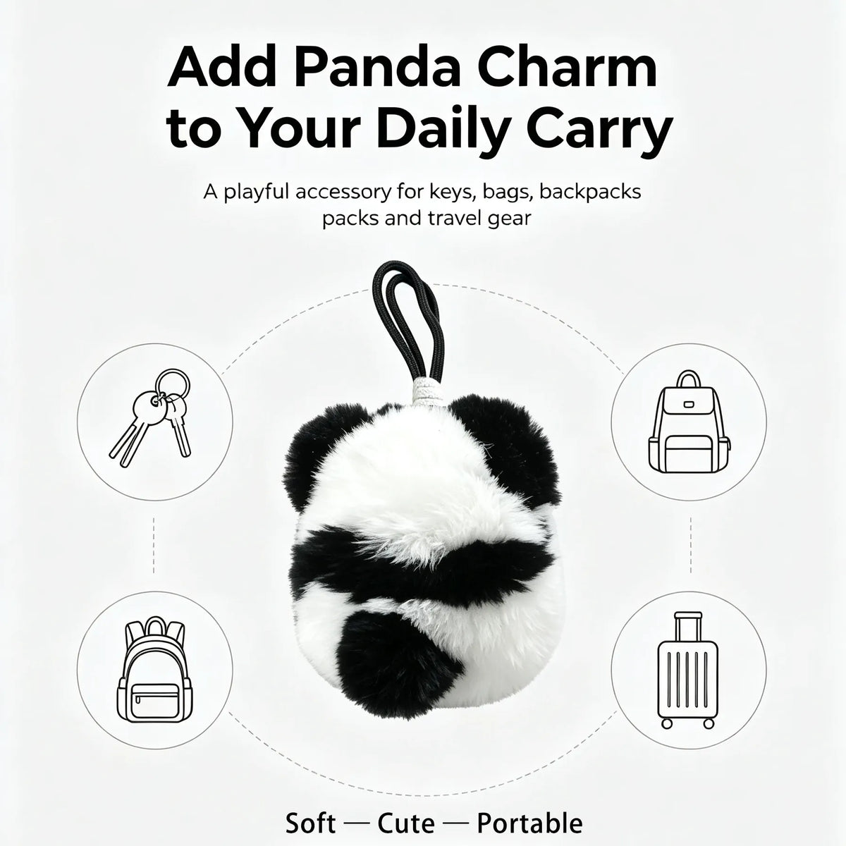 show usage of cute panda plush charm for key, car, bag and luggage