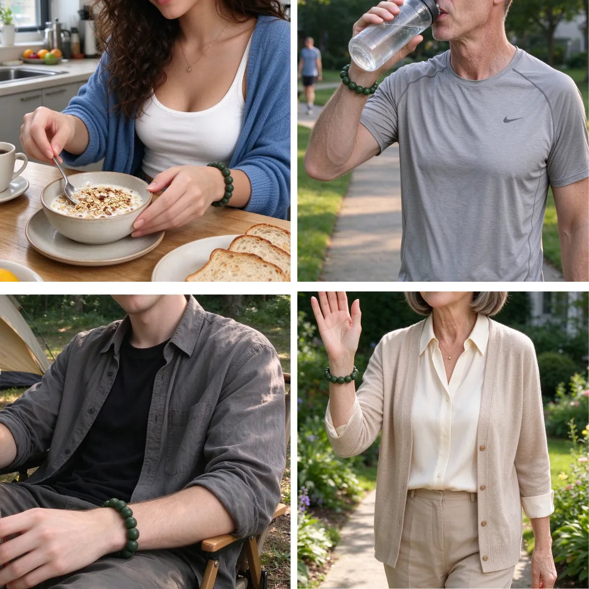 different people wear dark green beaded bracelets: a woman eating cereal at a table, a man drinking water outdoors, a man sitting by a tent, and a woman waving in a garden.