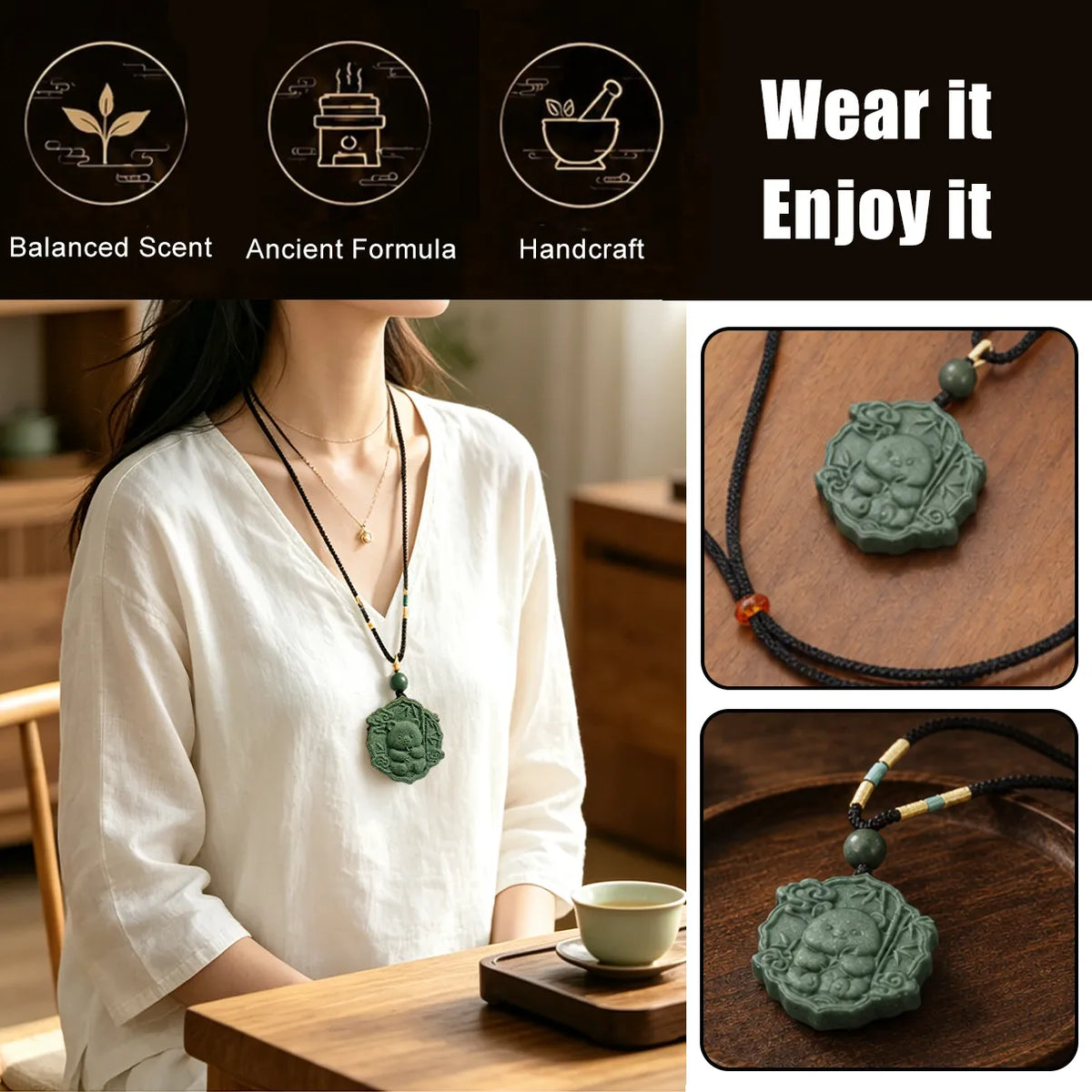 a woman wears a panda incense necklace and display details of it