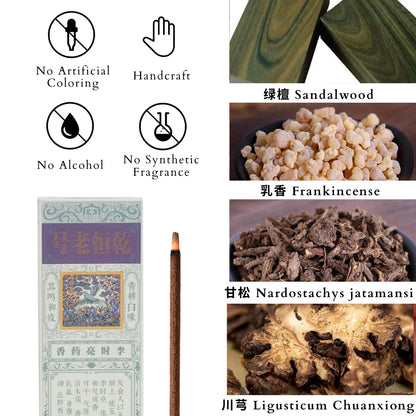 ingredients display of qing geng incense sticks