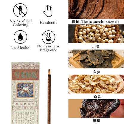 ingredients display of tian gou incense sticks