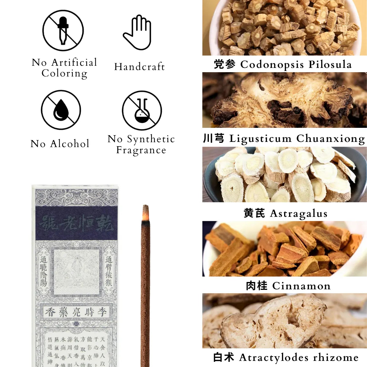 ingredients display of tong bi yuan hou incense sticks
